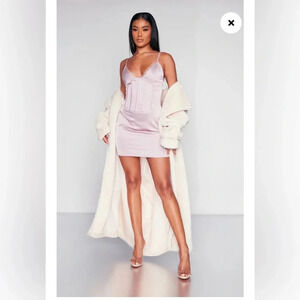 Pretty Little Thing MAUVE SATIN CORSET DETAIL LACE TRIM STRAPPY BODYCON DRESS‎